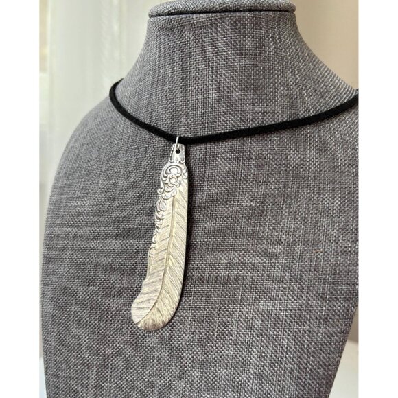 Handmade Silverware Feather Pendant Necklace - Upcycled "First Love" Knife - Picture 2 of 11